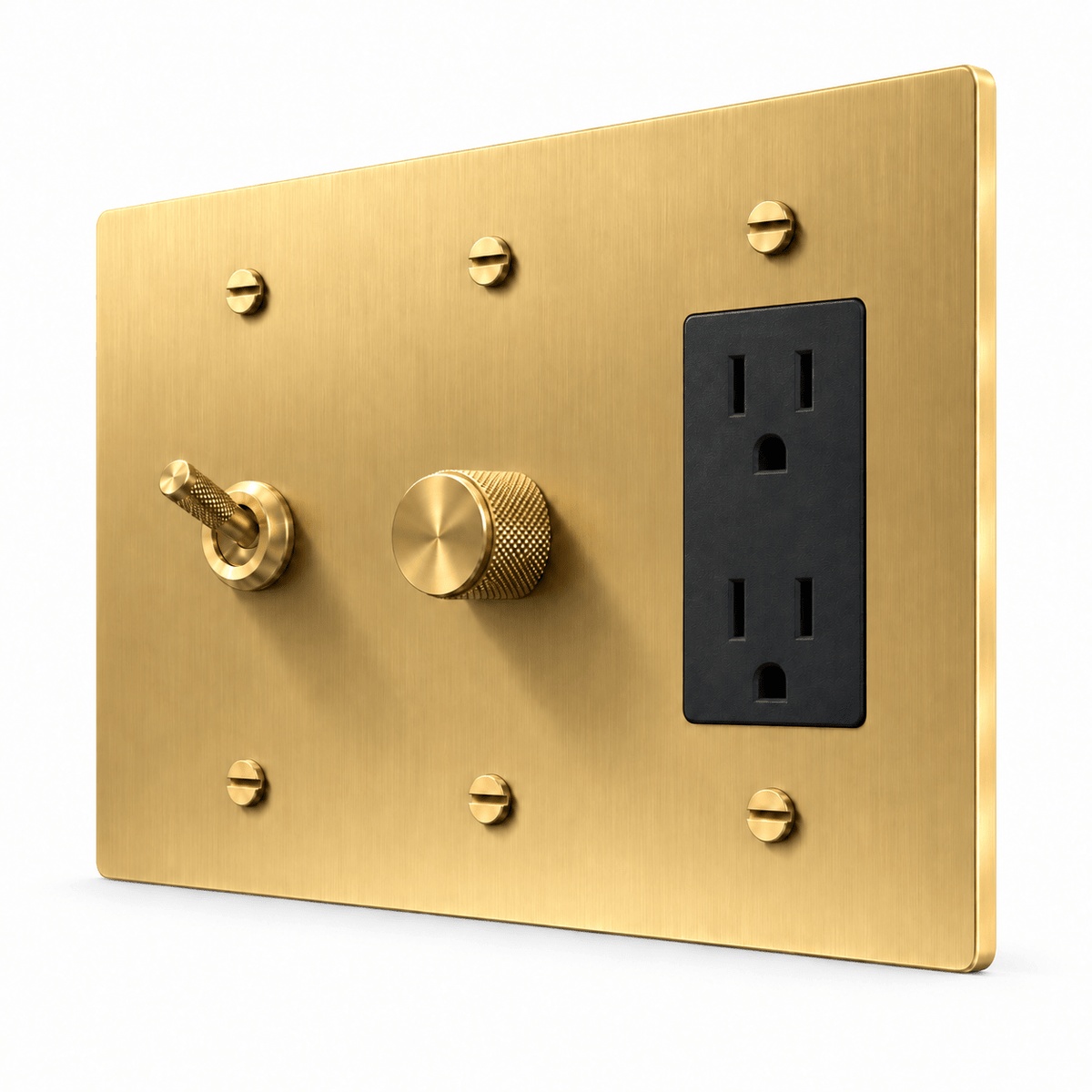 PlatePrestige 3-Gang Knurled Toggle, Dimmer & Outlet in Brass
