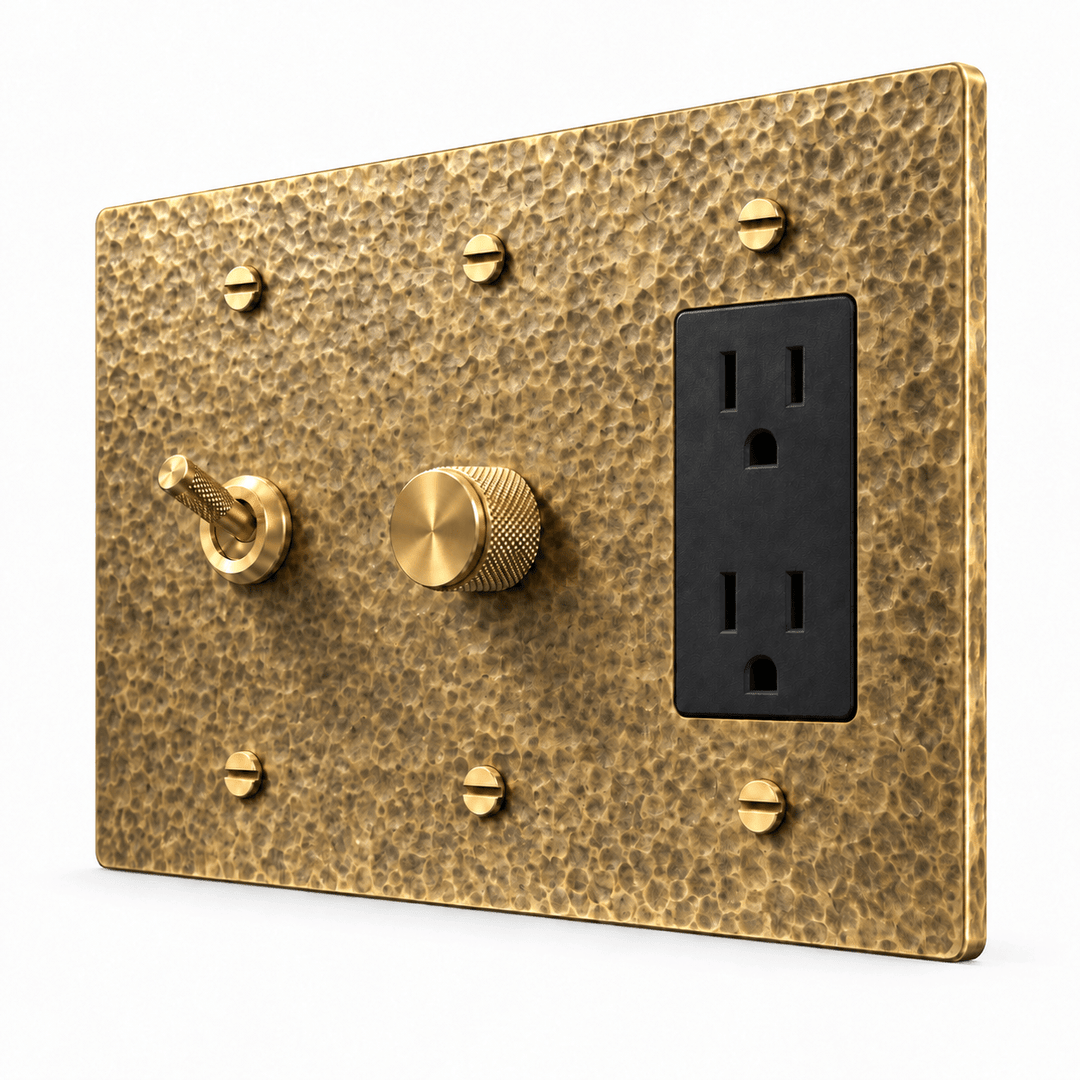 PlatePrestige 3-Gang Knurled Toggle, Dimmer & Outlet in Hammered Antique Brass