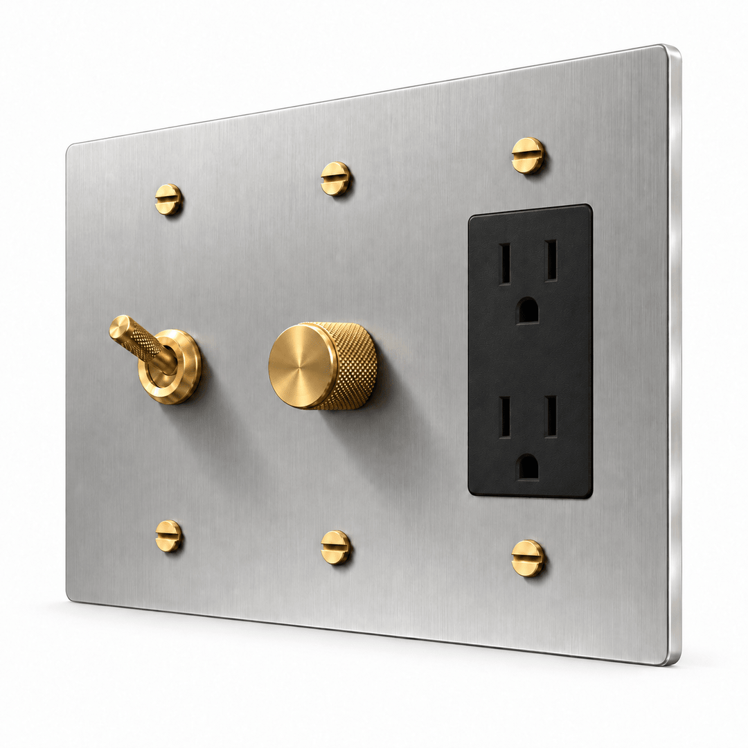PlatePrestige 3-Gang Knurled Toggle, Dimmer & Outlet in Stainless Steel / Brass