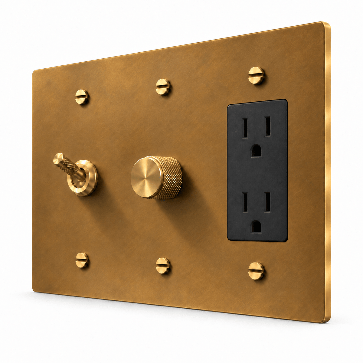 PlatePrestige 3-Gang Knurled Toggle, Dimmer & Outlet in Unlacquered Aged brass