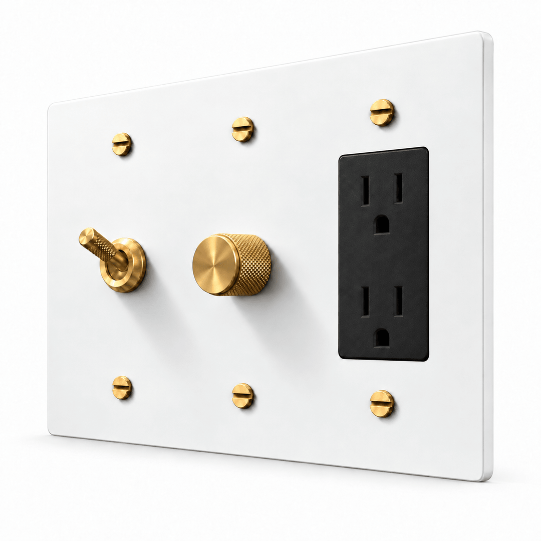PlatePrestige 3-Gang Knurled Toggle, Dimmer & Outlet in White / Brass