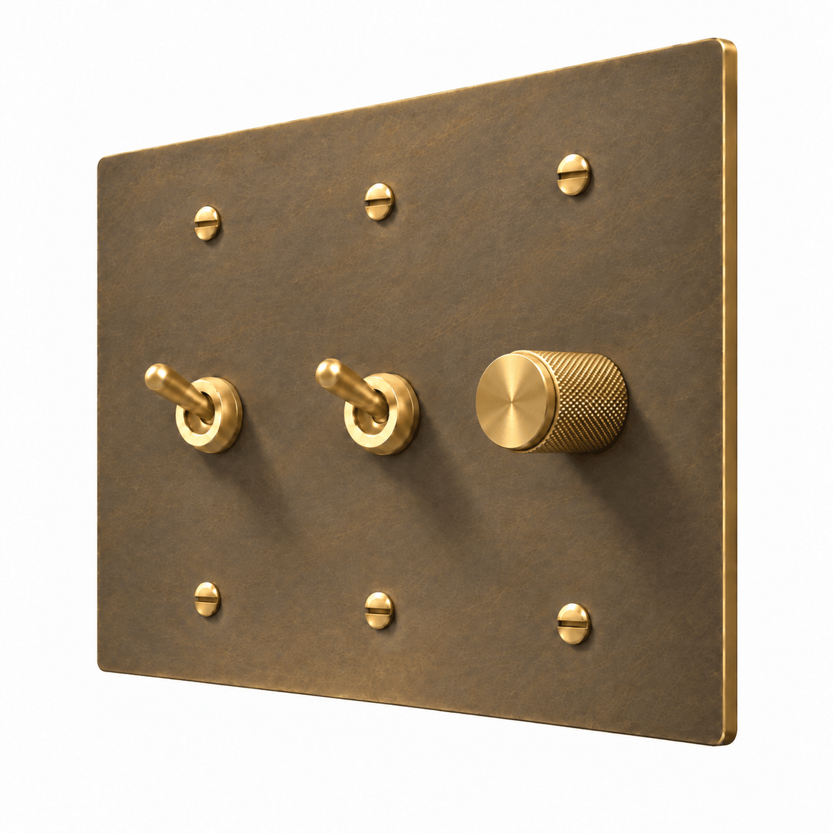 Aged Brass 3-Gang 2 Retro Toggle Light Switches & Dimmer with brass controls and matching mounting screws