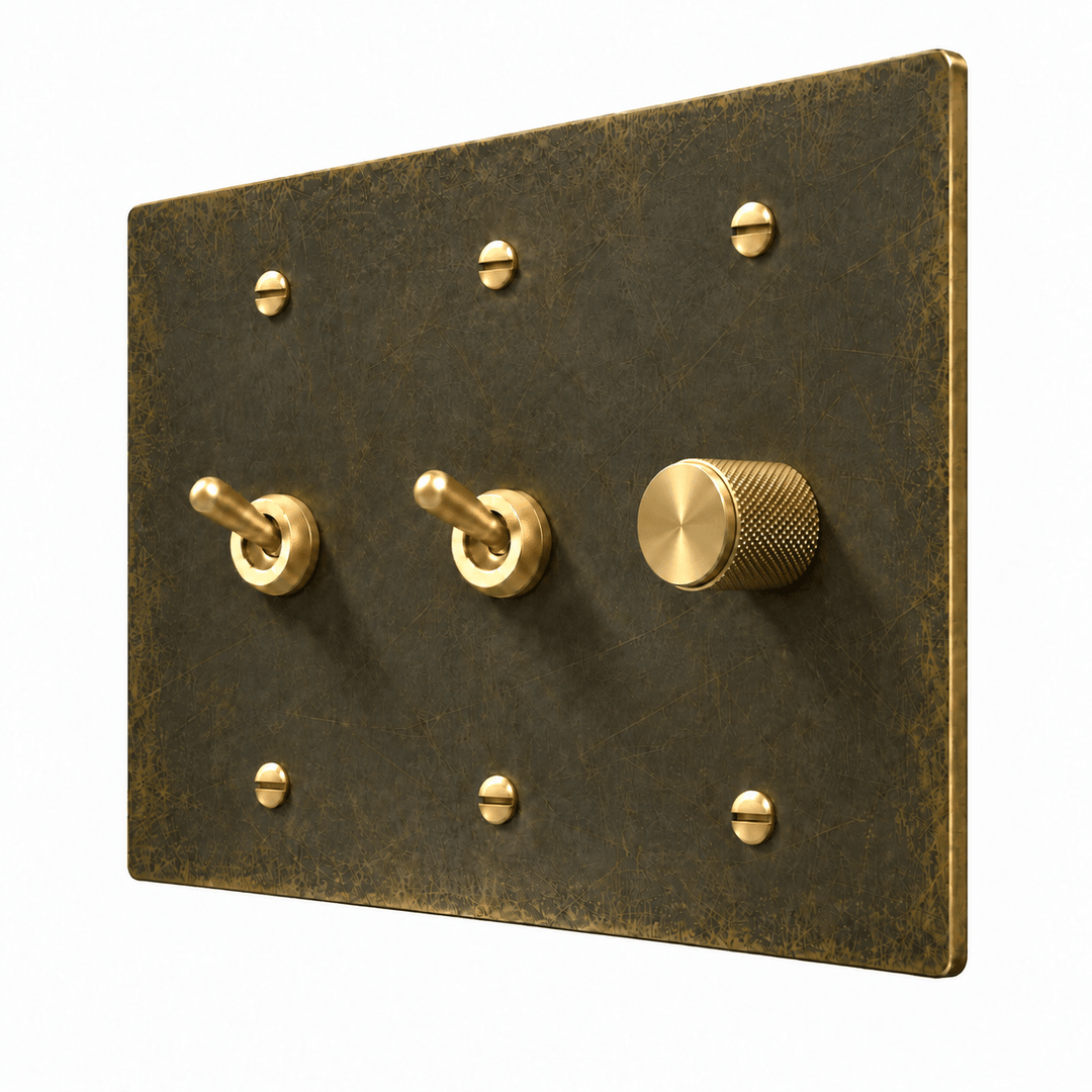 Antique Brass 3-Gang 2 Retro Toggle Light Switches & Dimmer with brass controls and matching mounting screws