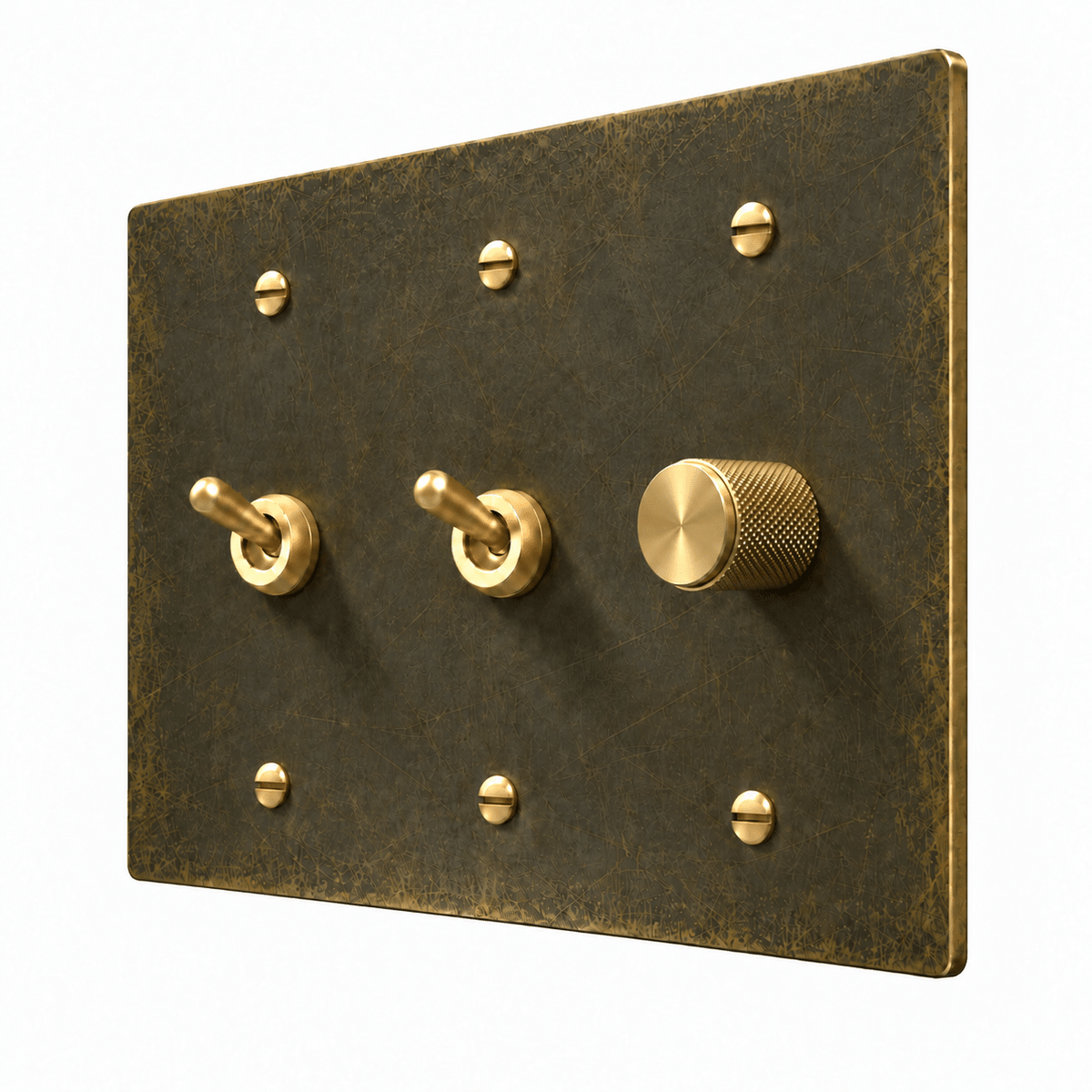 Antique Brass 3-Gang 2 Retro Toggle Light Switches & Dimmer with brass controls and matching mounting screws