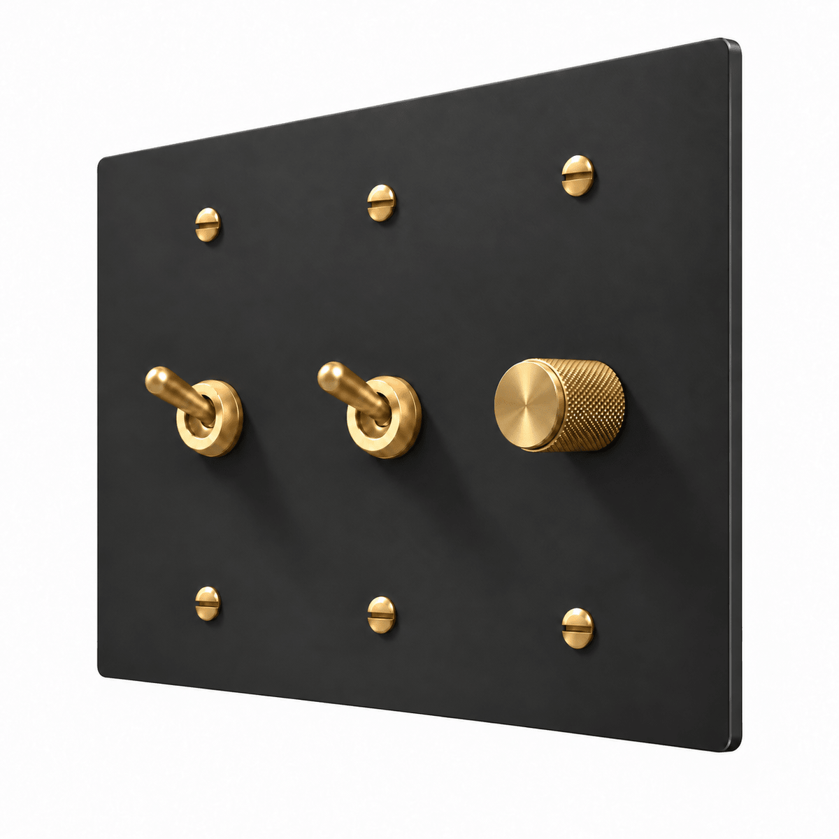 Black / Brass 3-Gang 2 Retro Toggle Light Switches & Dimmer with brass controls and matching mounting screws