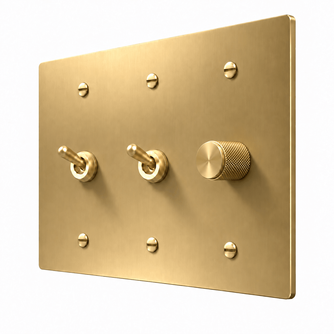 Brass 3-Gang 2 Retro Toggle Light Switches & Dimmer with brass controls and matching mounting screws