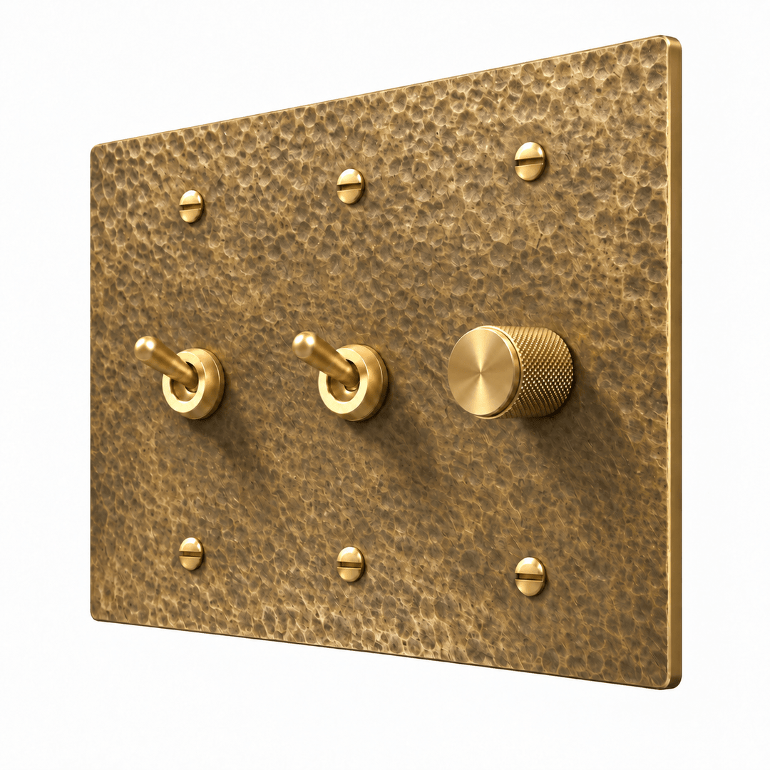 Hammered Antique Brass 3-Gang 2 Retro Toggle Light Switches & Dimmer with brass controls and matching mounting screws