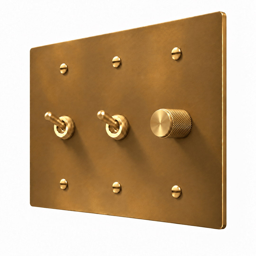 Unlacquered Aged brass 3-Gang 2 Retro Toggle Light Switches & Dimmer with brass controls and matching mounting screws