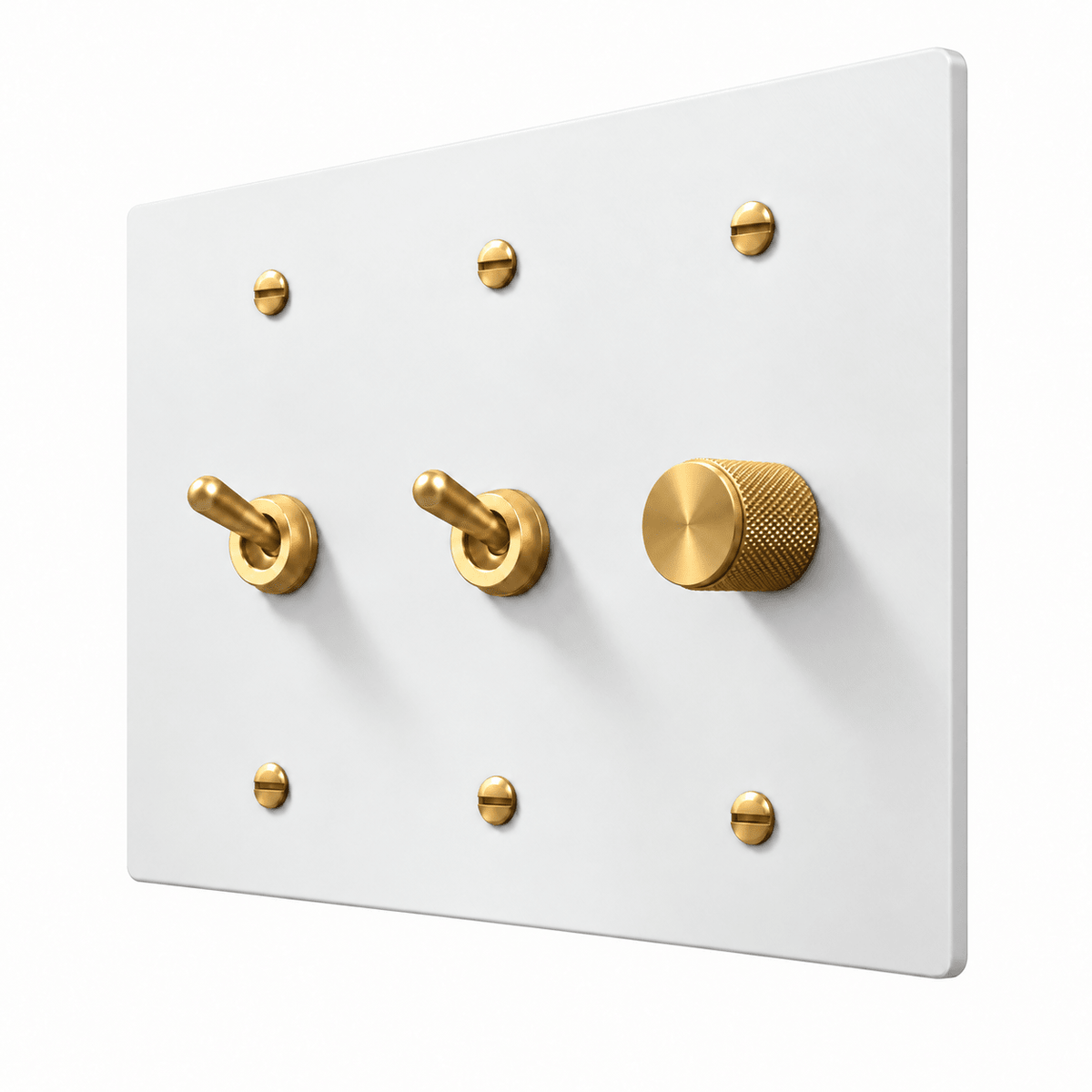 White / Brass 3-Gang 2 Retro Toggle Light Switches & Dimmer with brass controls and matching mounting screws