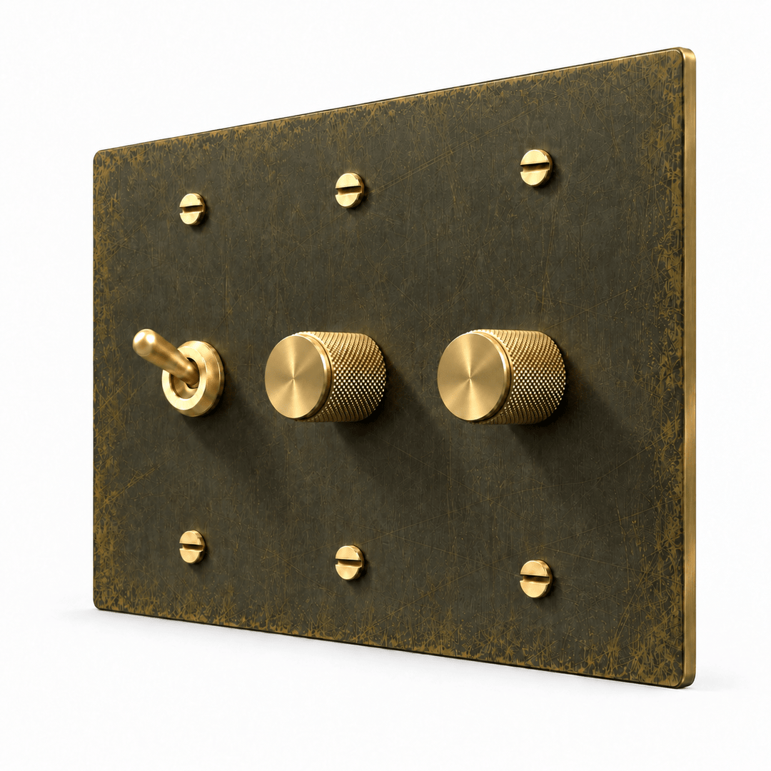PlatePrestige 3-Gang Retro Toggle Light Switch & 2 Dimmers in Antique Brass