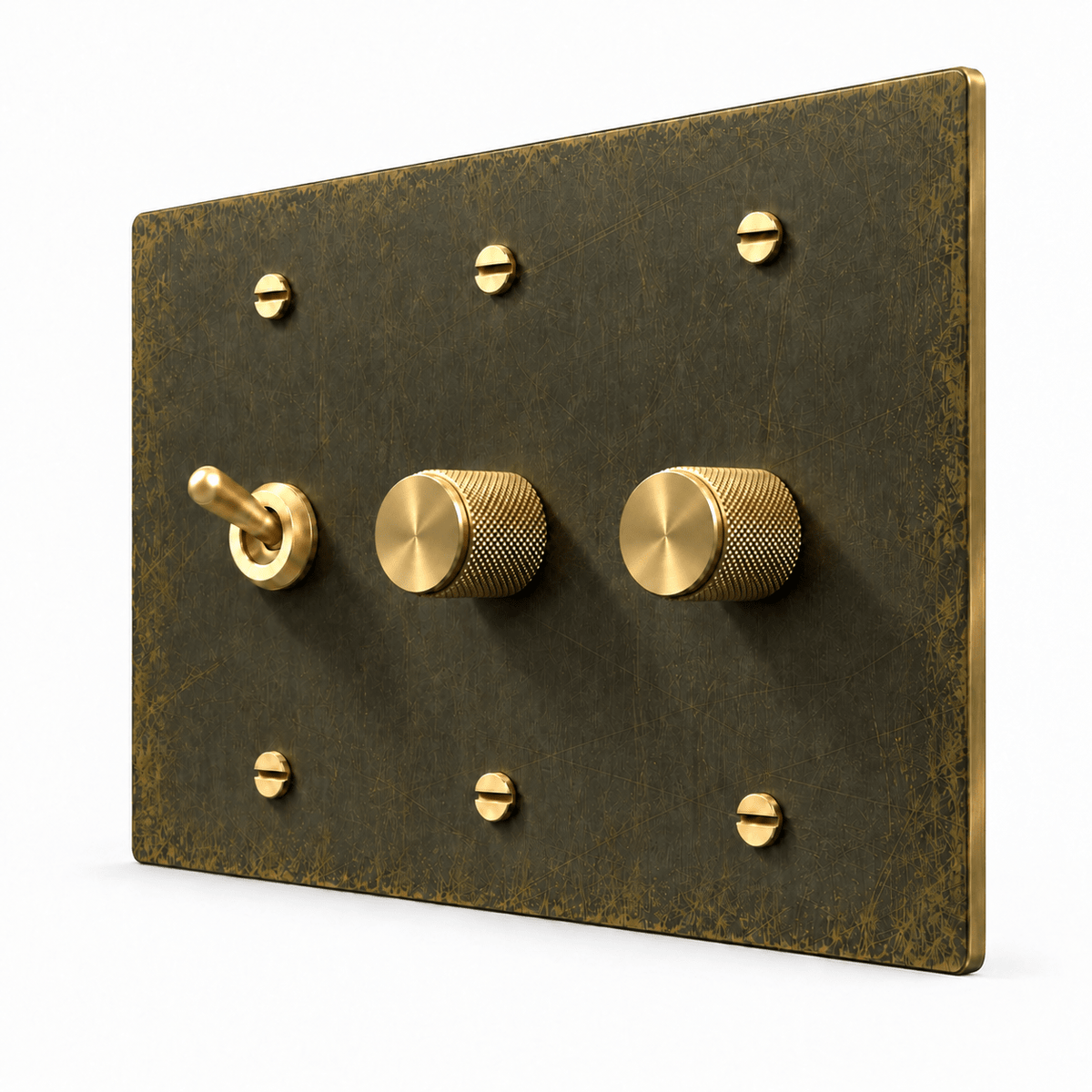 PlatePrestige 3-Gang Retro Toggle Light Switch & 2 Dimmers in Antique Brass