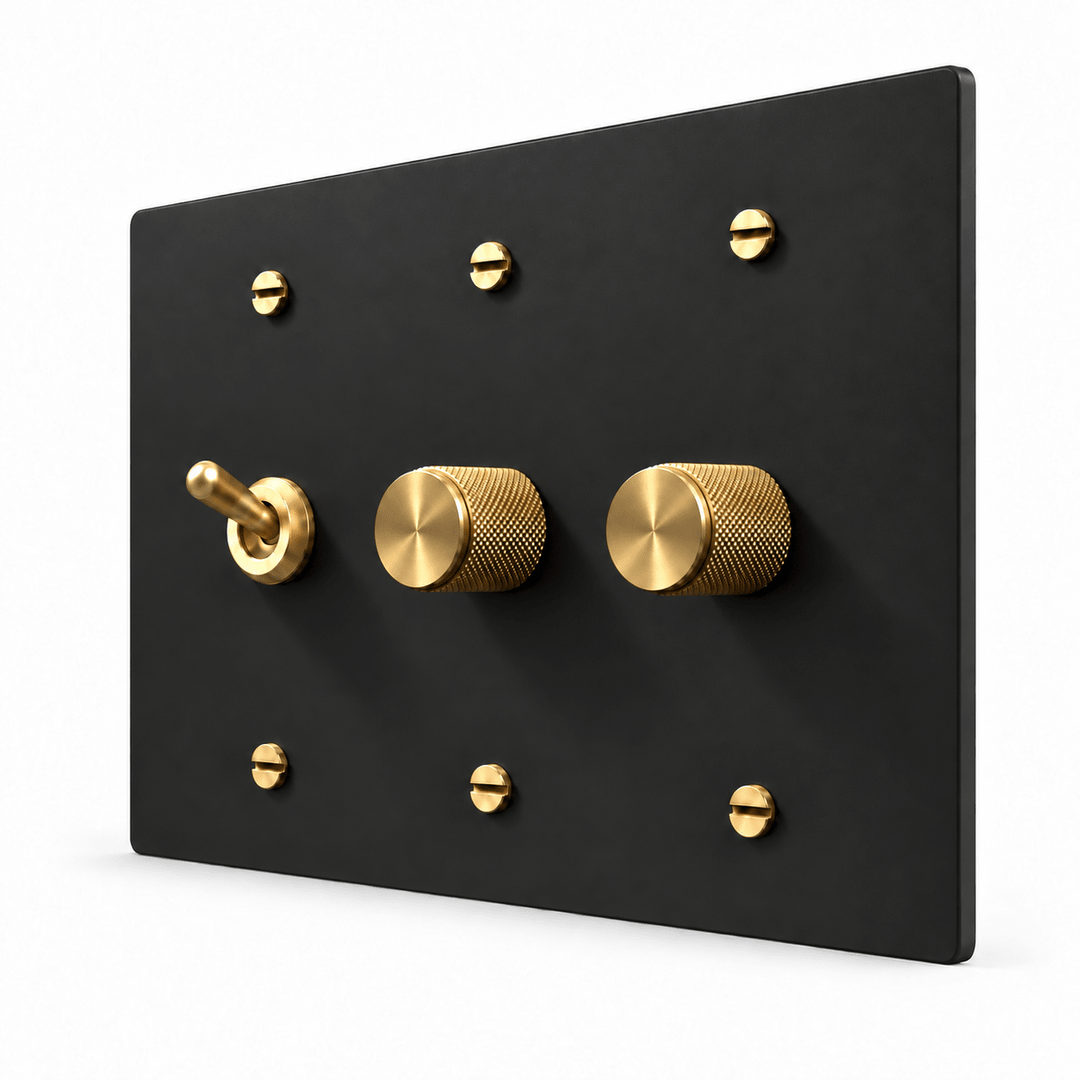PlatePrestige 3-Gang Retro Toggle Light Switch & 2 Dimmers in Black / Brass