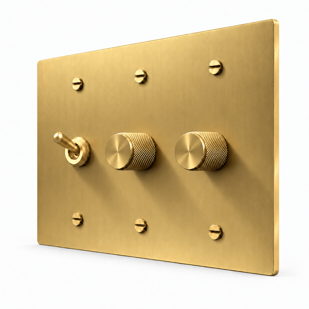 PlatePrestige 3-Gang Retro Toggle Light Switch & 2 Dimmers in Brass