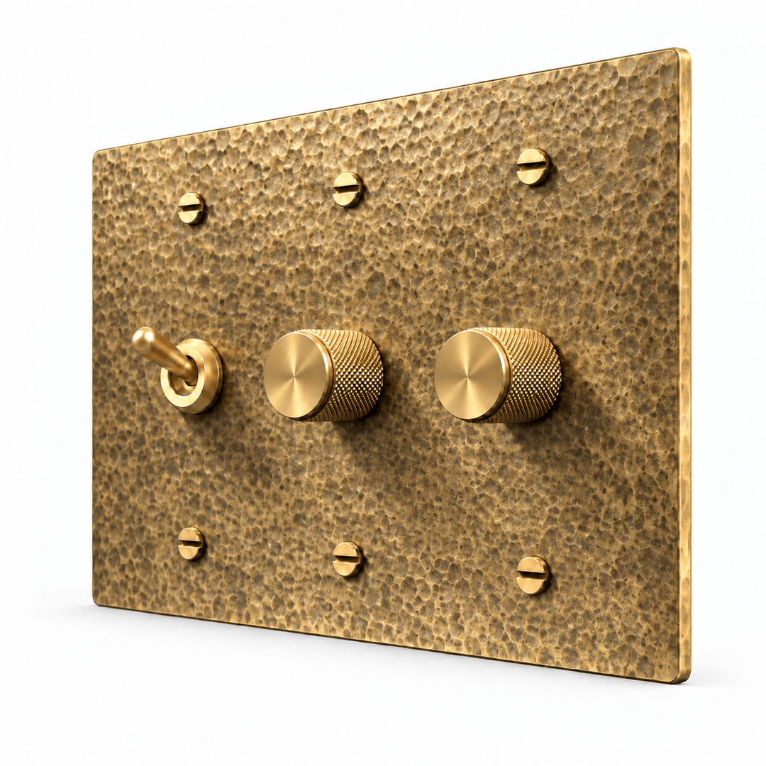 PlatePrestige 3-Gang Retro Toggle Light Switch & 2 Dimmers in Hammered Antique Brass