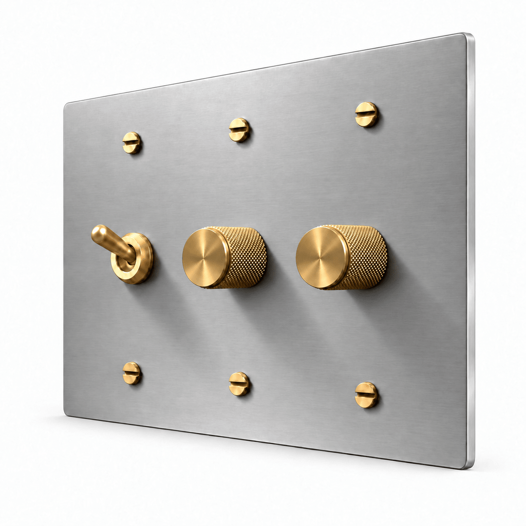 PlatePrestige 3-Gang Retro Toggle Light Switch & 2 Dimmers in Stainless Steel / Brass