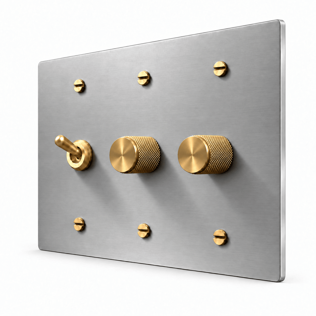 PlatePrestige 3-Gang Retro Toggle Light Switch & 2 Dimmers in Stainless Steel / Brass