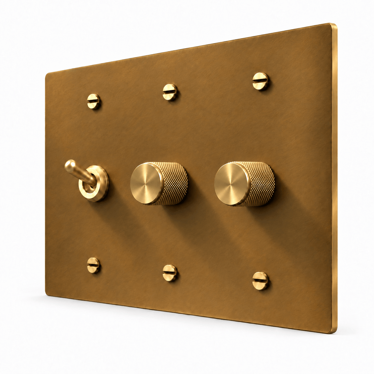 PlatePrestige 3-Gang Retro Toggle Light Switch & 2 Dimmers in Unlacquered Aged brass