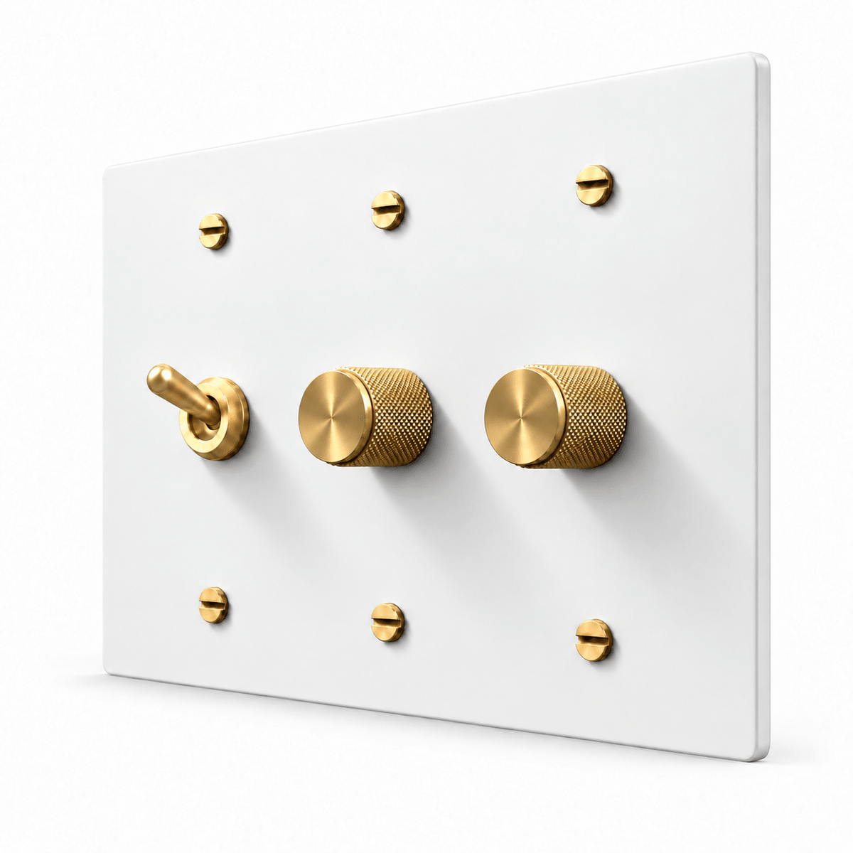 PlatePrestige 3-Gang Retro Toggle Light Switch & 2 Dimmers in White / Brass
