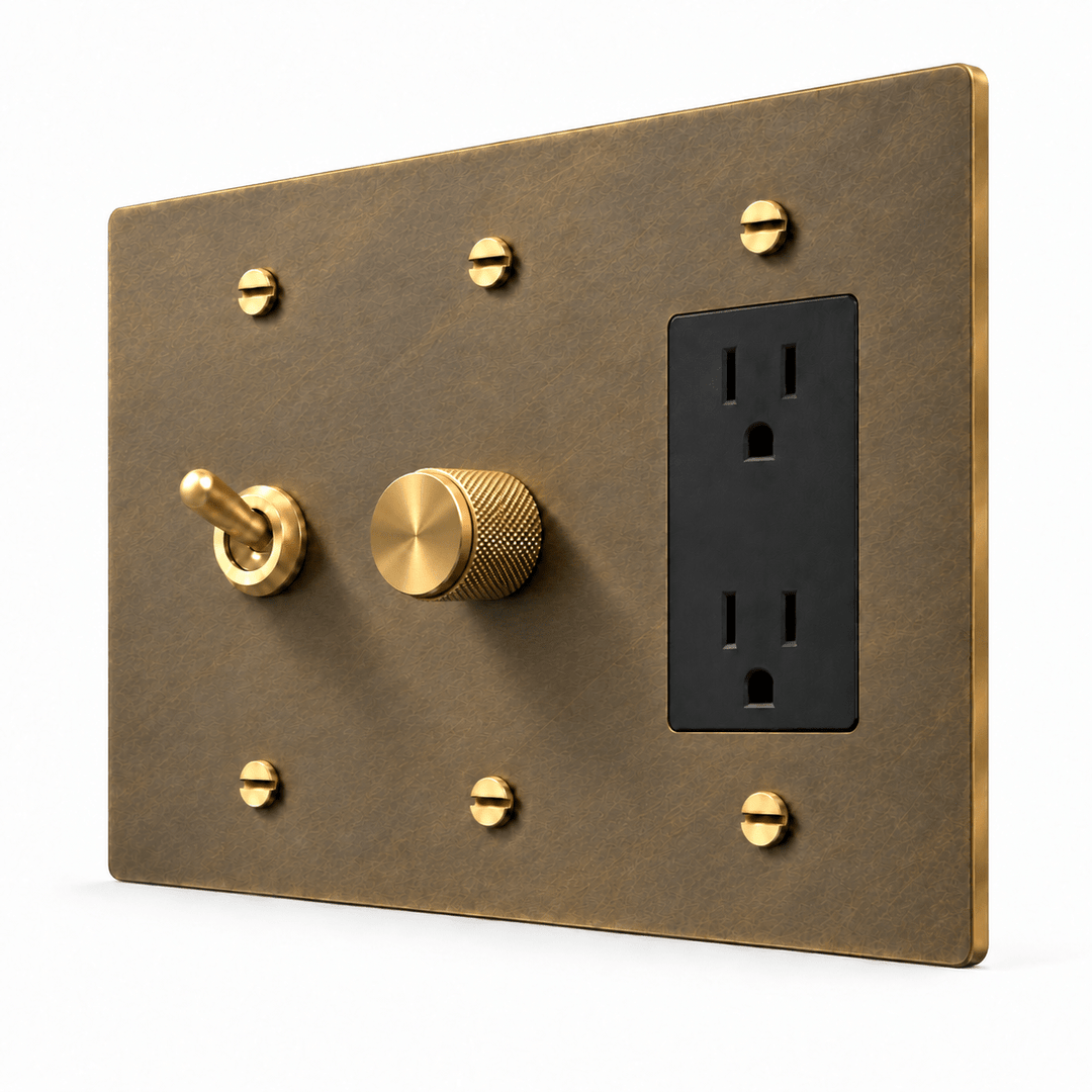 PlatePrestige 3-Gang Retro Toggle, Dimmer & Outlet in Aged Brass