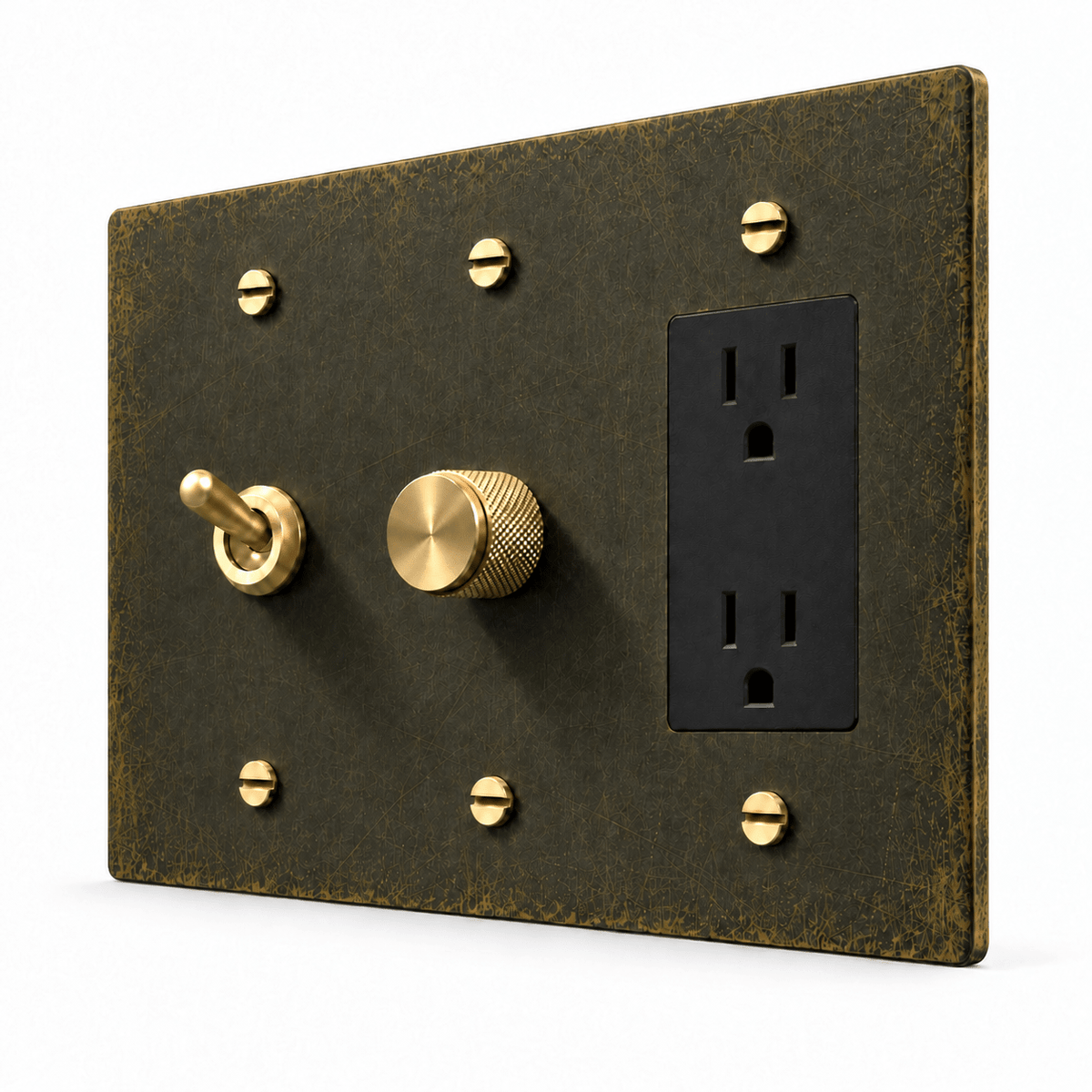 PlatePrestige 3-Gang Retro Toggle, Dimmer & Outlet in Antique Brass