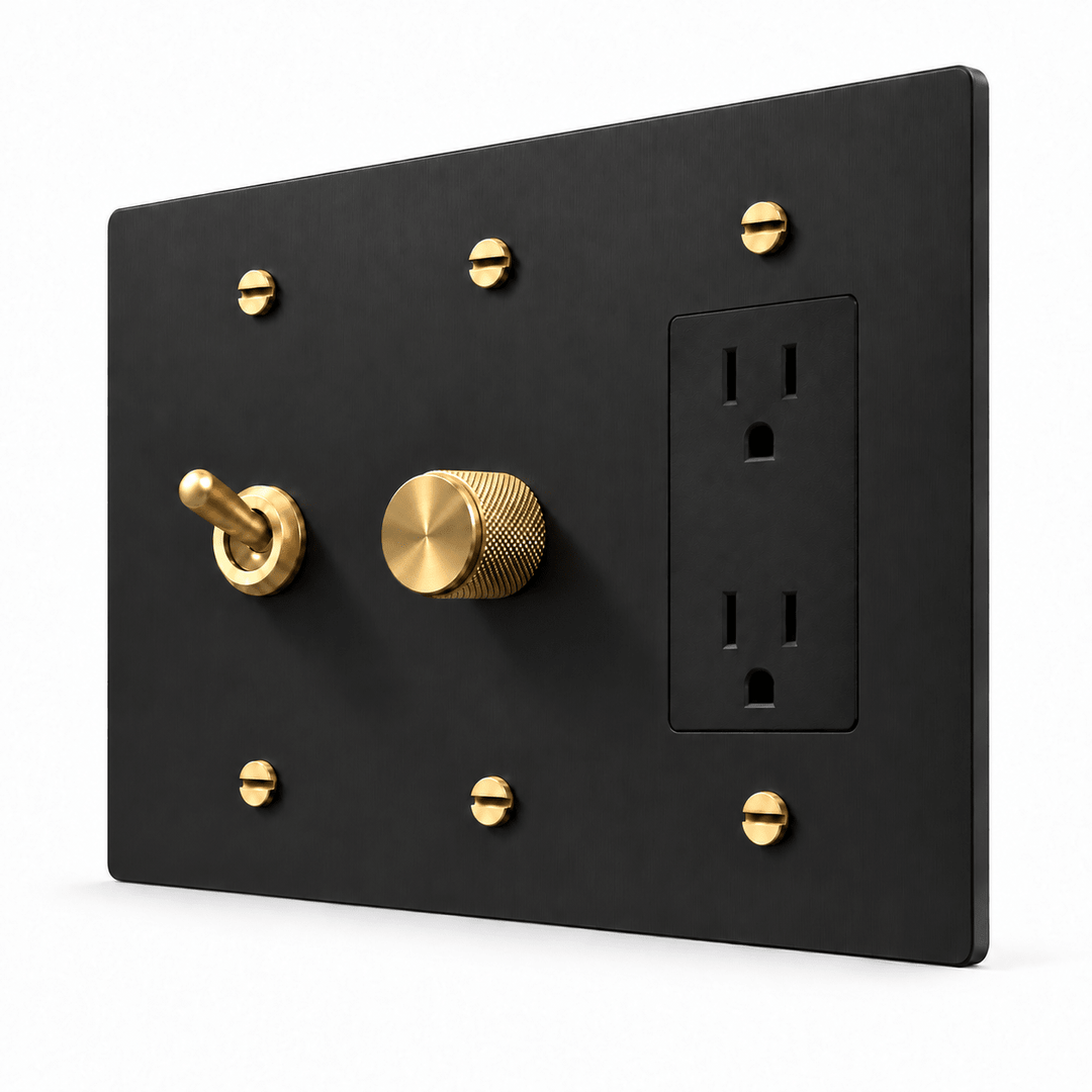 PlatePrestige 3-Gang Retro Toggle, Dimmer & Outlet in Black / Brass