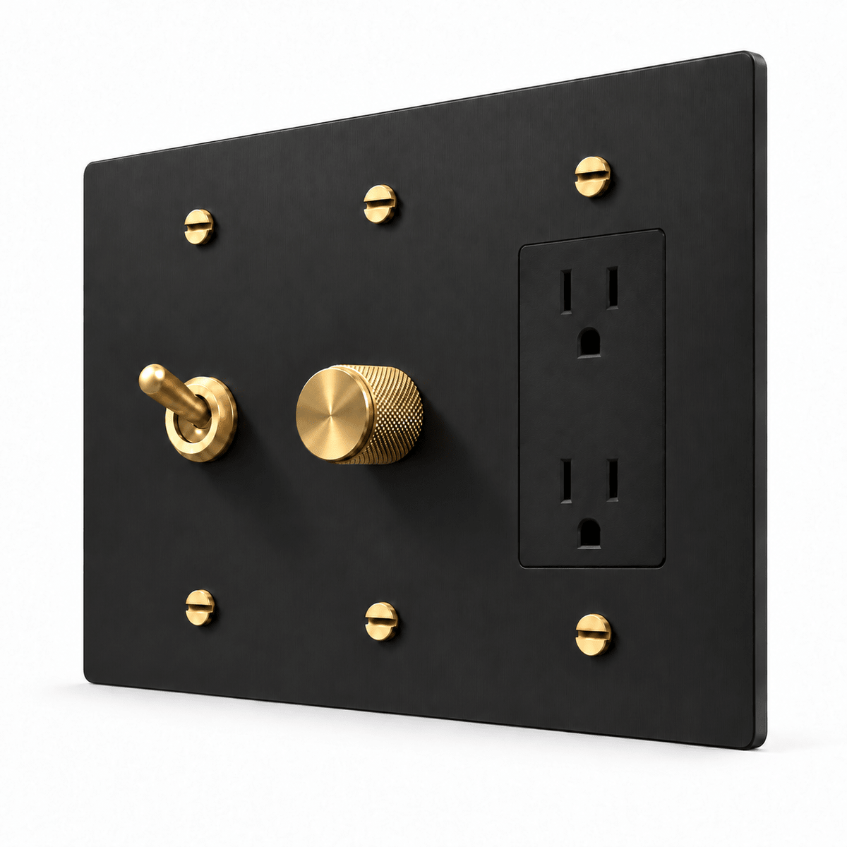 PlatePrestige 3-Gang Retro Toggle, Dimmer & Outlet in Black / Brass