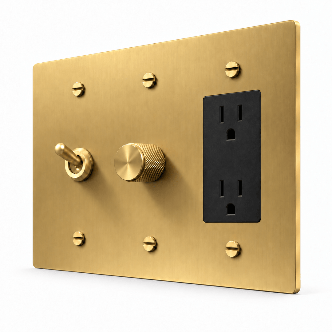 PlatePrestige 3-Gang Retro Toggle, Dimmer & Outlet in Brass