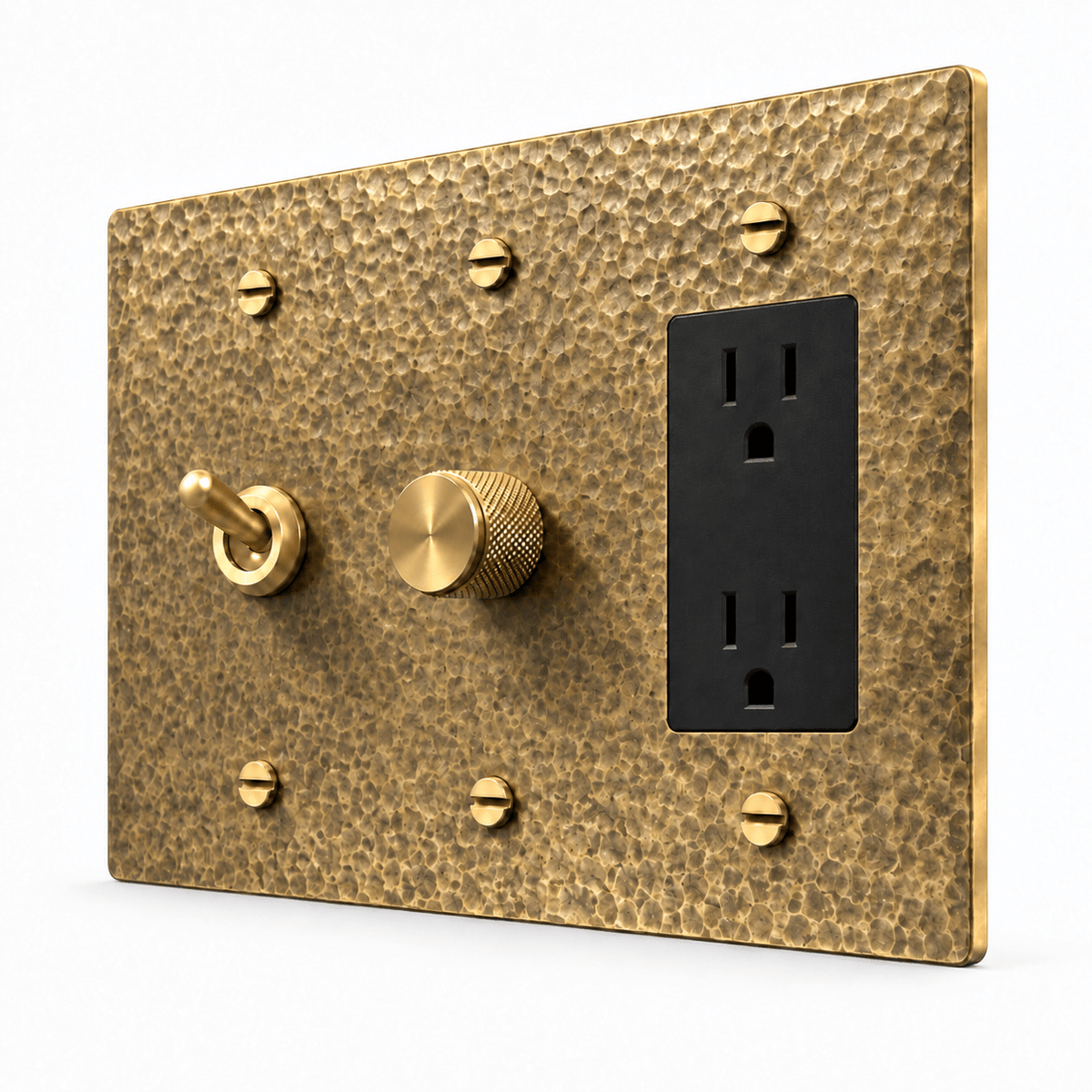 PlatePrestige 3-Gang Retro Toggle, Dimmer & Outlet in Hammered Antique Brass