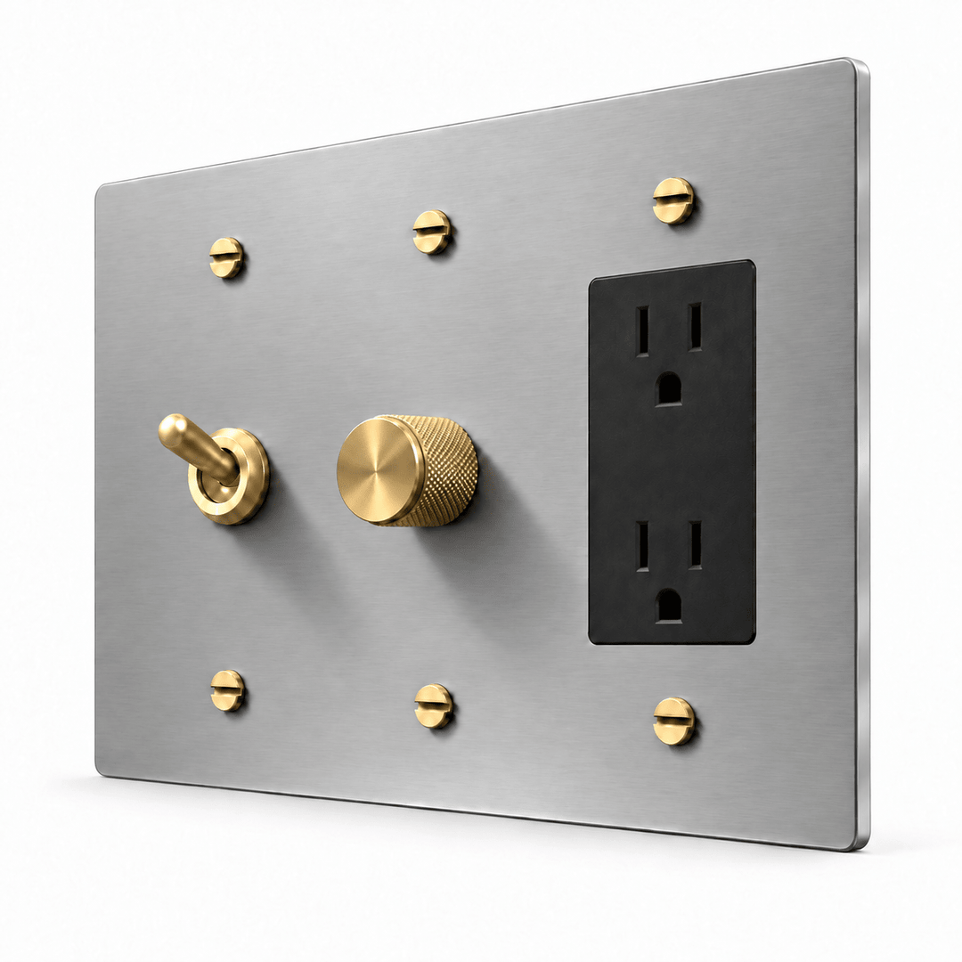 PlatePrestige 3-Gang Retro Toggle, Dimmer & Outlet in Stainless Steel / Brass
