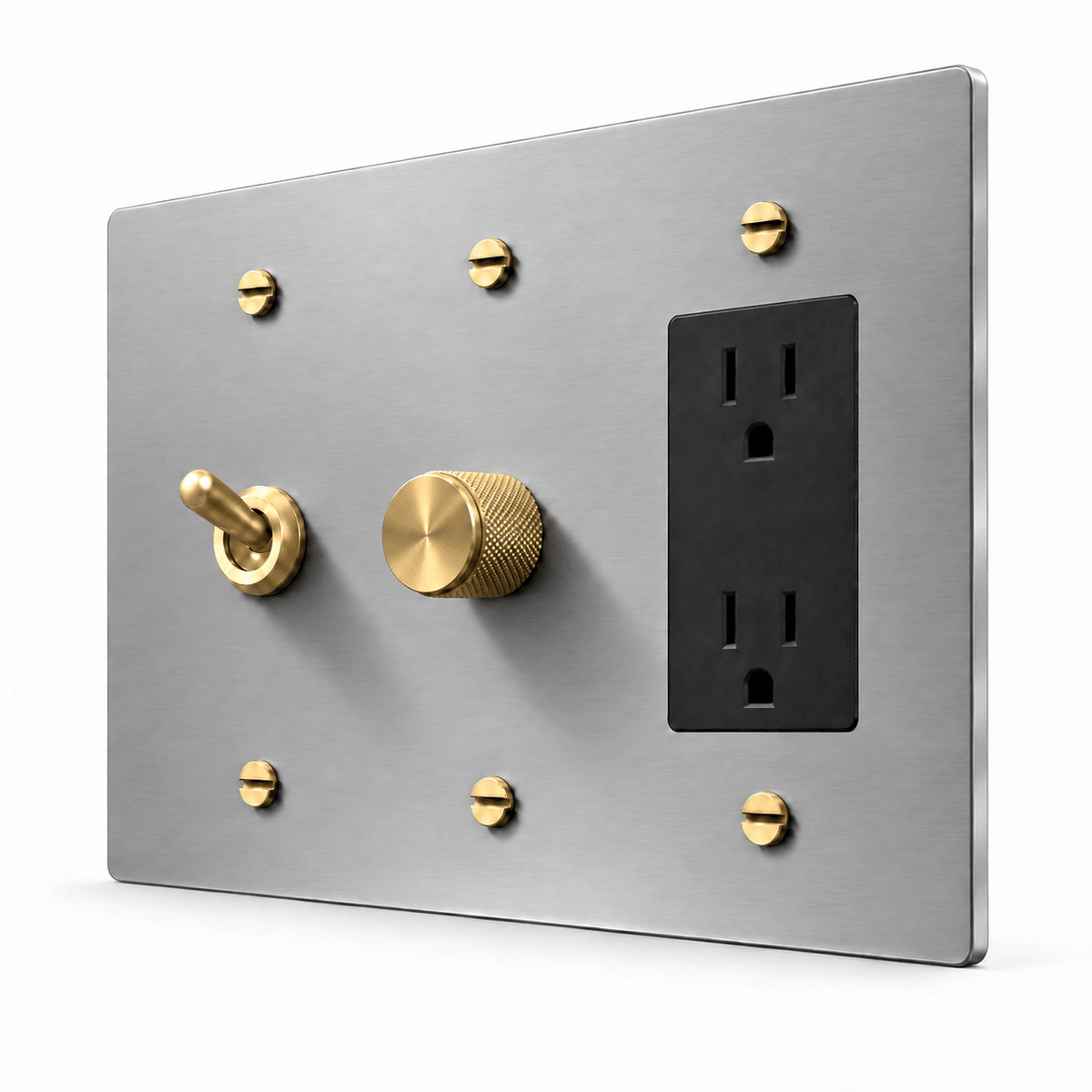 PlatePrestige 3-Gang Retro Toggle, Dimmer & Outlet in Stainless Steel / Brass