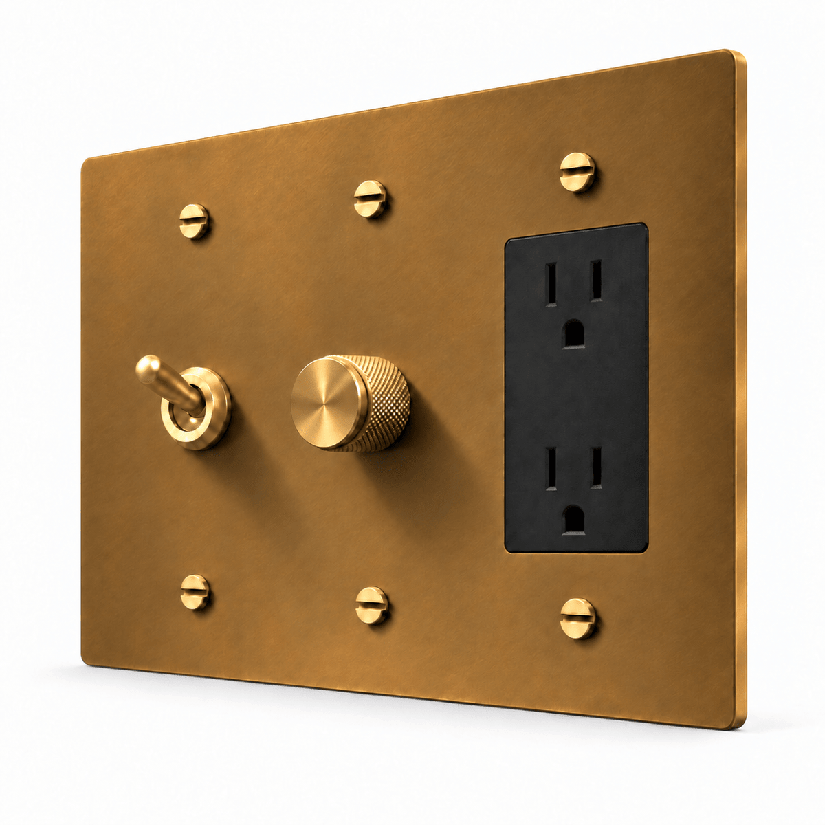 PlatePrestige 3-Gang Retro Toggle, Dimmer & Outlet in Unlacquered Aged brass