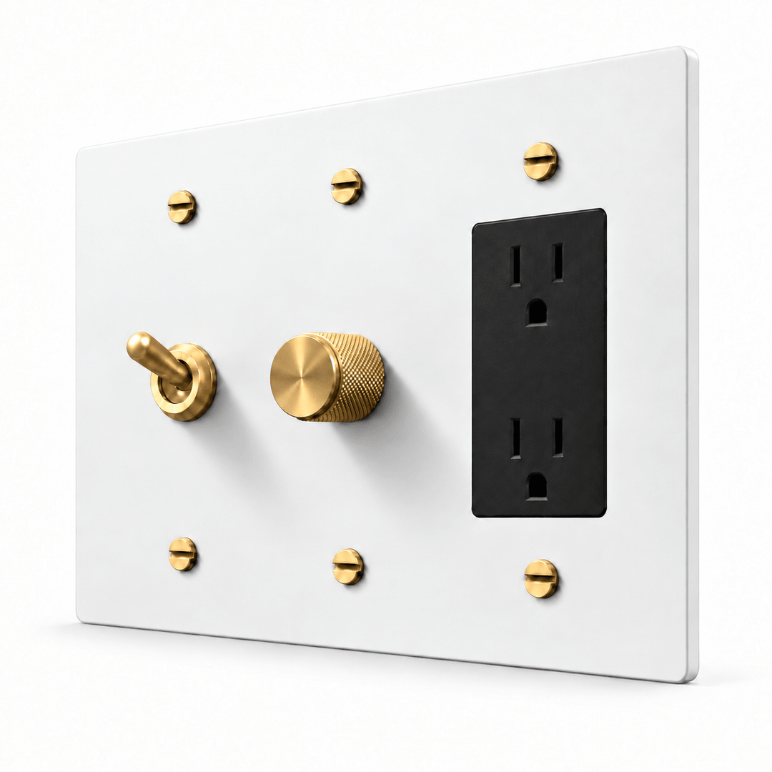 PlatePrestige 3-Gang Retro Toggle, Dimmer & Outlet in White / Brass