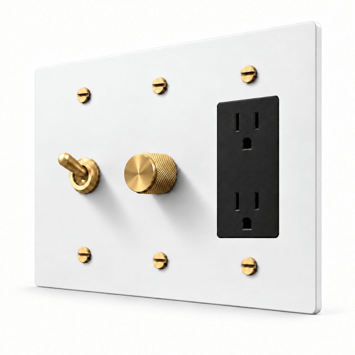 PlatePrestige 3-Gang Retro Toggle, Dimmer & Outlet in White / Brass
