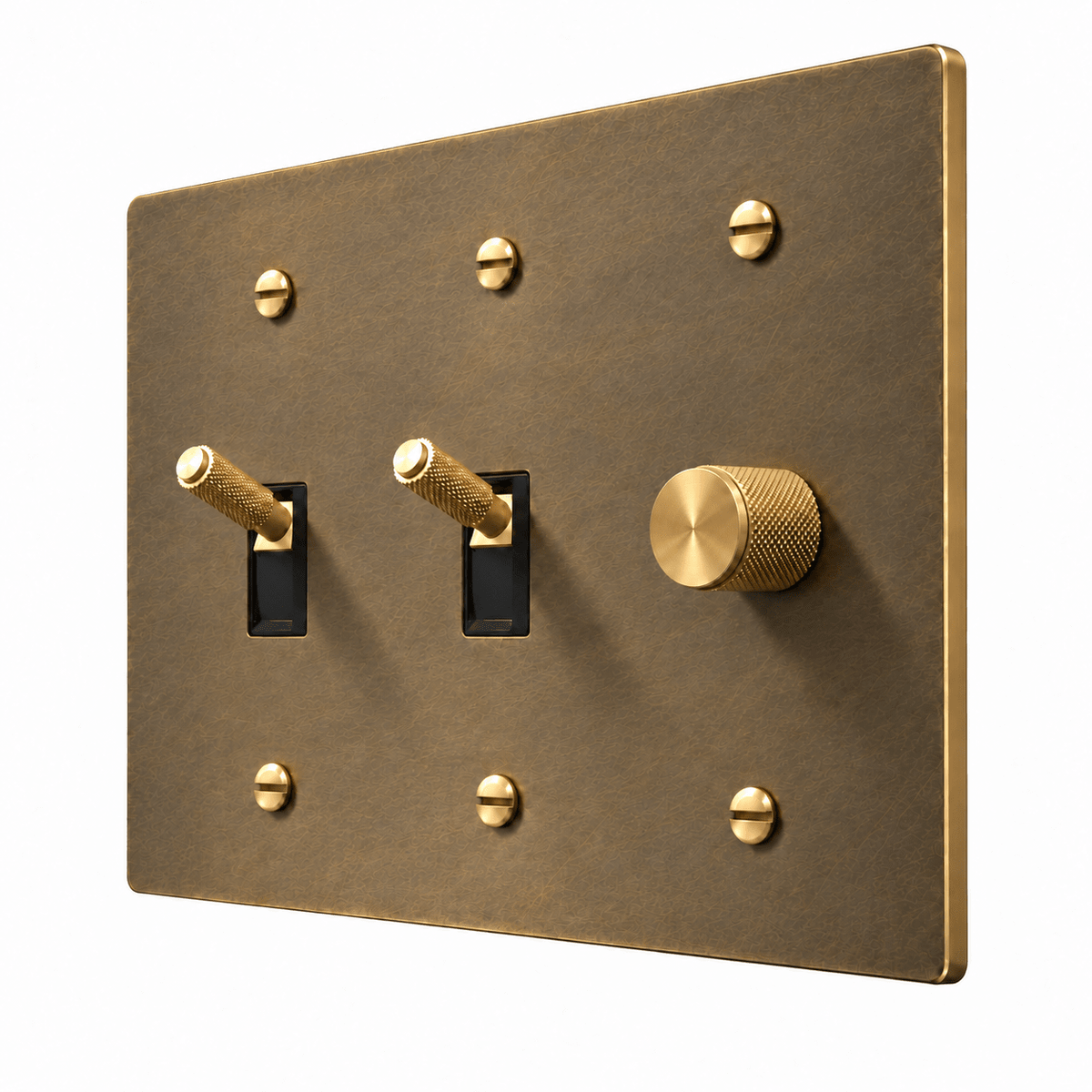 PlatePrestige 3-Gang Brass 2 Knurled Toggle Light Switches & Dimmer in Aged Brass