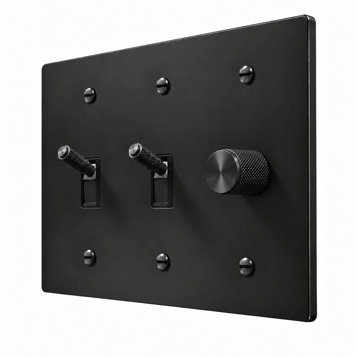 PlatePrestige 3-Gang Brass 2 Knurled Toggle Light Switches & Dimmer in All-Black