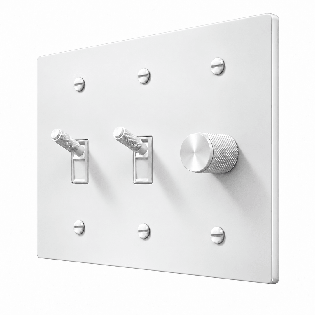 PlatePrestige 3-Gang Brass 2 Knurled Toggle Light Switches & Dimmer in All-White