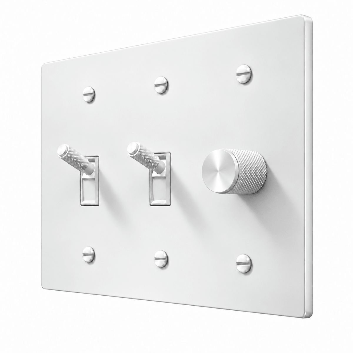 PlatePrestige 3-Gang Brass 2 Knurled Toggle Light Switches & Dimmer in All-White