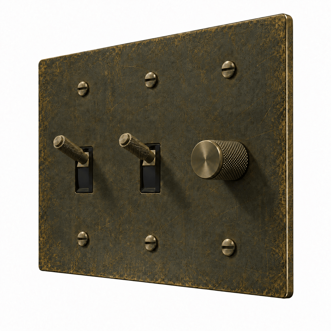 PlatePrestige 3-Gang Brass 2 Knurled Toggle Light Switches & Dimmer in antique bronze with matching bronze controls and screws