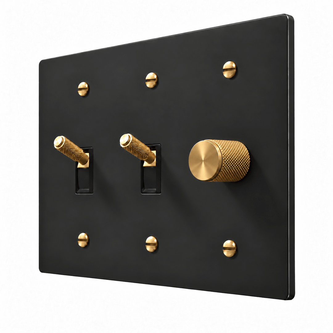 PlatePrestige 3-Gang Brass 2 Knurled Toggle Light Switches & Dimmer in Black / Brass