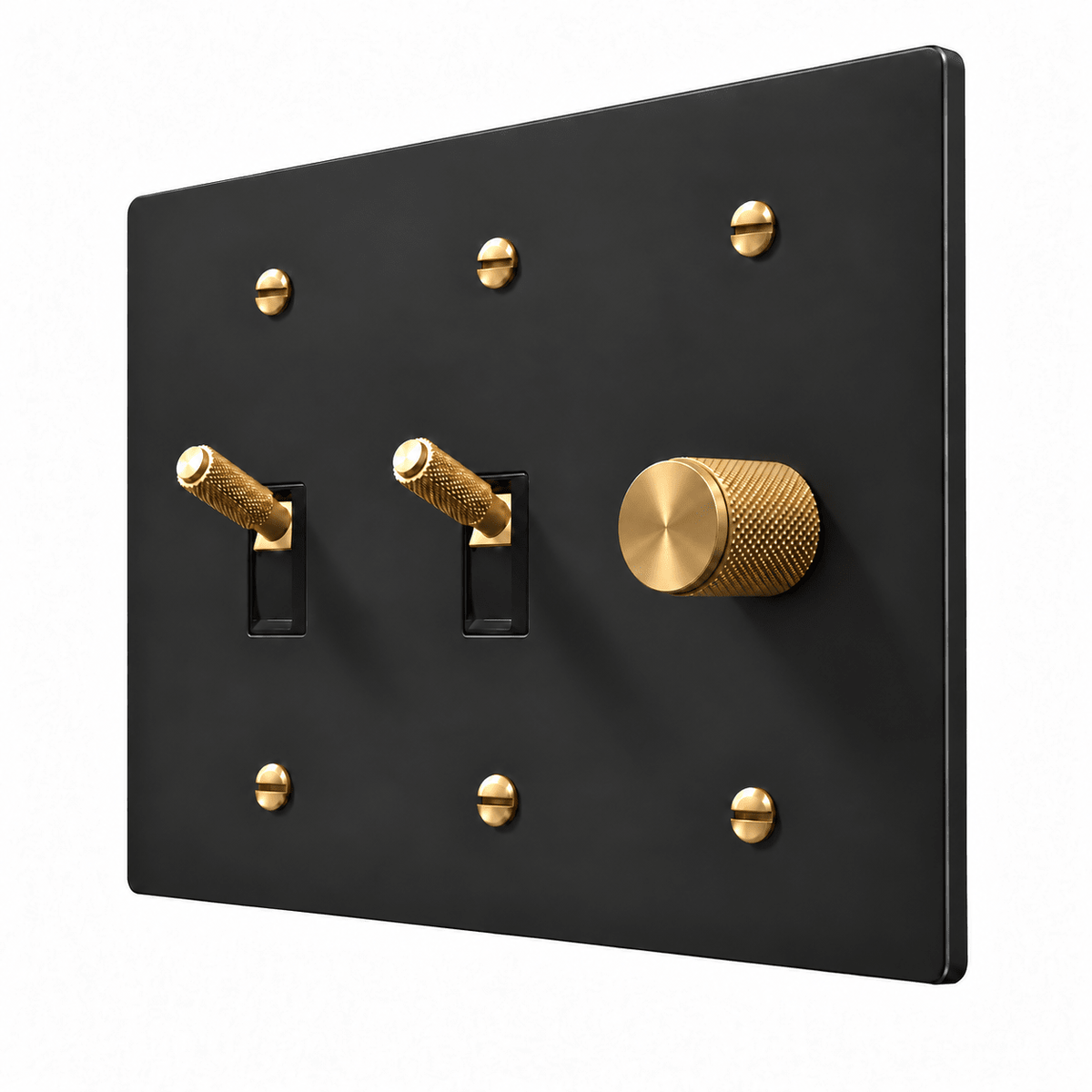PlatePrestige 3-Gang Brass 2 Knurled Toggle Light Switches & Dimmer in Black / Brass