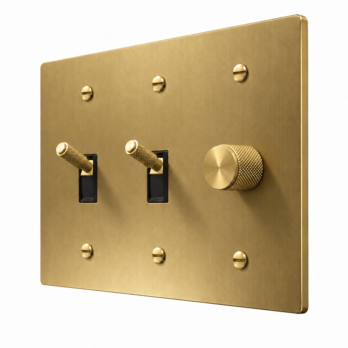 PlatePrestige 3-Gang Brass 2 Knurled Toggle Light Switches & Dimmer in Brass