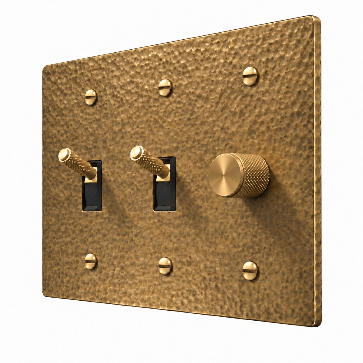 PlatePrestige 3-Gang Brass 2 Knurled Toggle Light Switches & Dimmer in Hammered Antique Brass