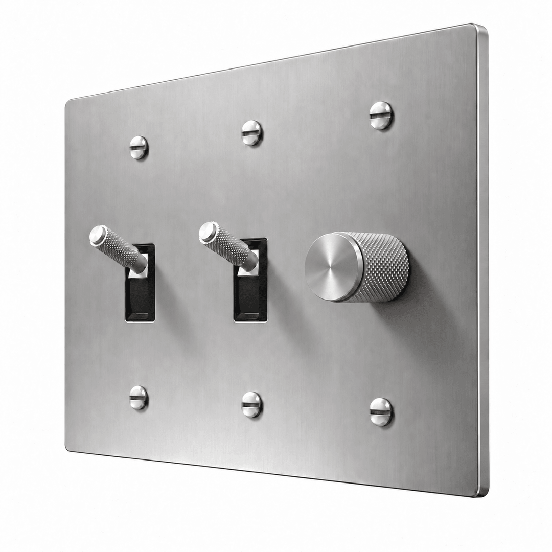 PlatePrestige 3-Gang Brass 2 Knurled Toggle Light Switches & Dimmer in Stainless Steel