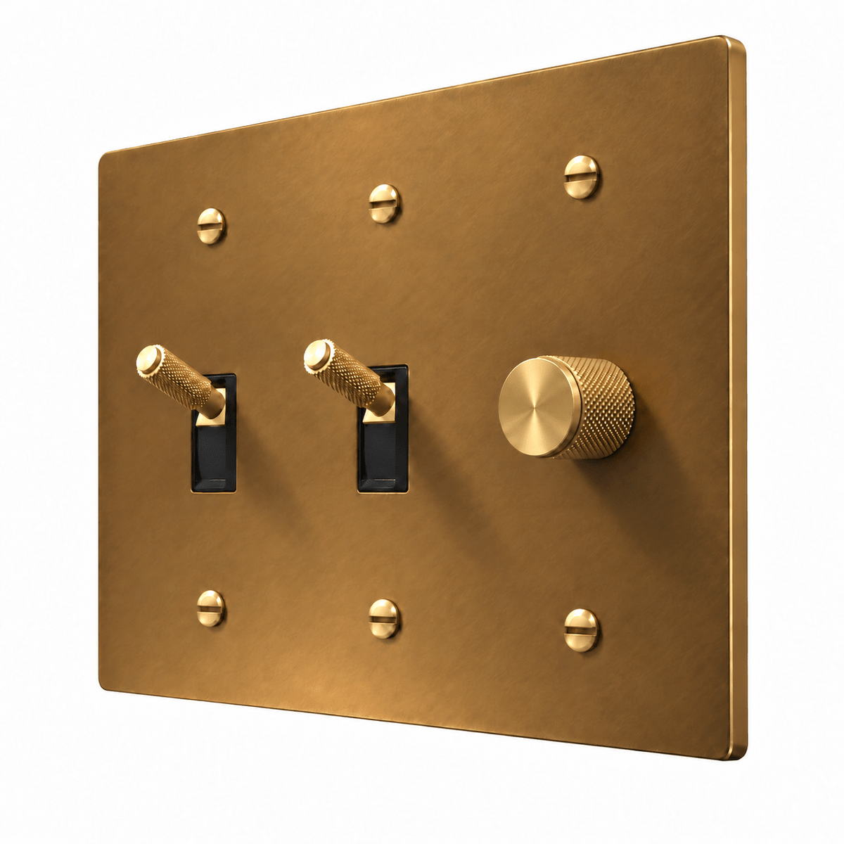 PlatePrestige 3-Gang Brass 2 Knurled Toggle Light Switches & Dimmer in Unlacquered Aged brass
