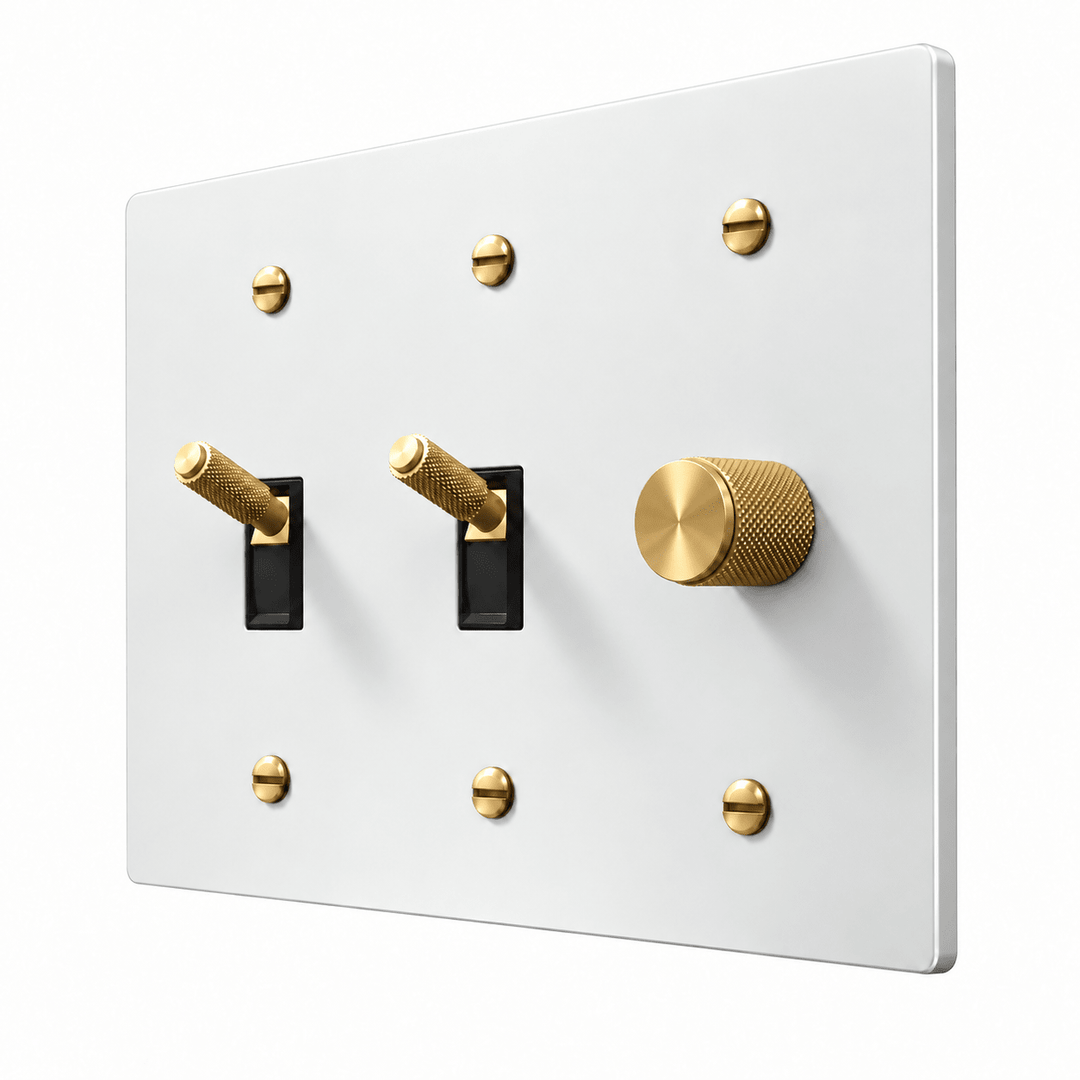 PlatePrestige 3-Gang Brass 2 Knurled Toggle Light Switches & Dimmer in White / Brass