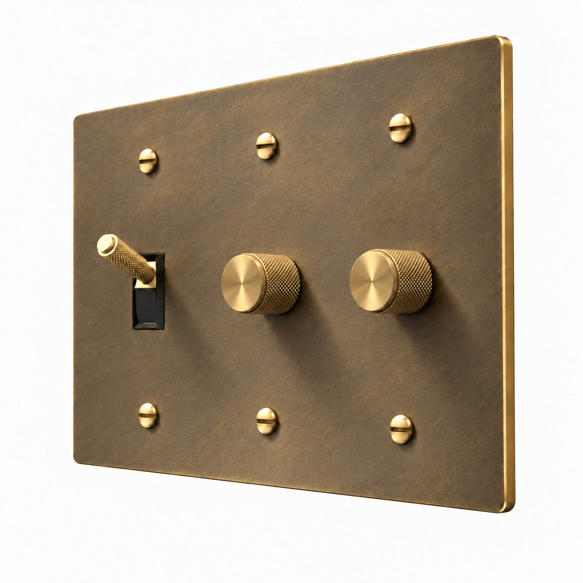 PlatePrestige 3-Gang Brass Knurled Toggle Light Switch & 2 Dimmers in Aged Brass