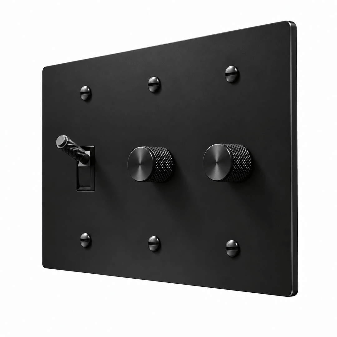 PlatePrestige 3-Gang Brass Knurled Toggle Light Switch & 2 Dimmers in All-Black