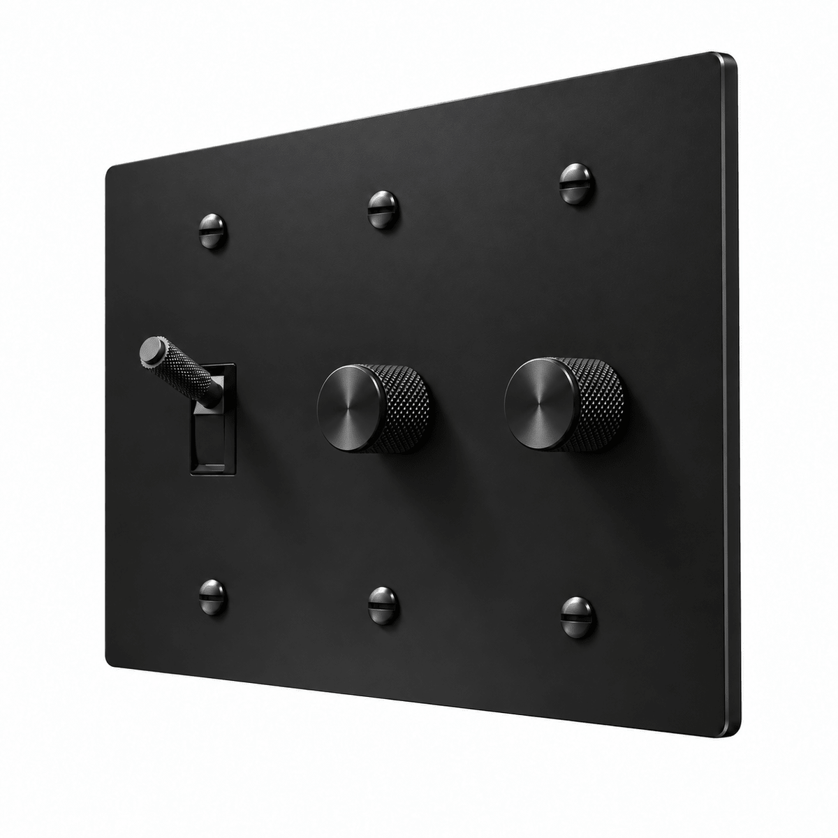 PlatePrestige 3-Gang Brass Knurled Toggle Light Switch & 2 Dimmers in All-Black