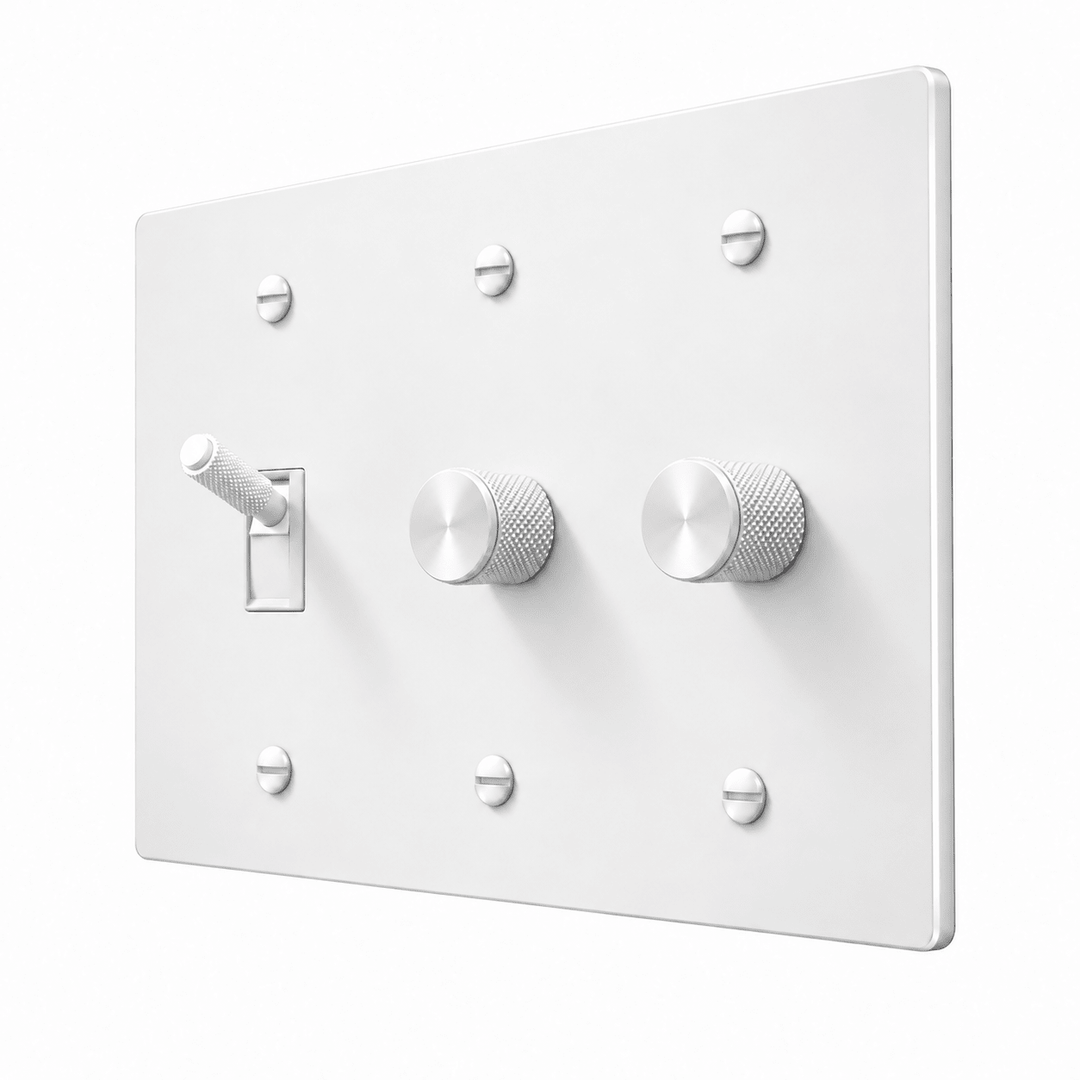 PlatePrestige 3-Gang Brass Knurled Toggle Light Switch & 2 Dimmers in All-White