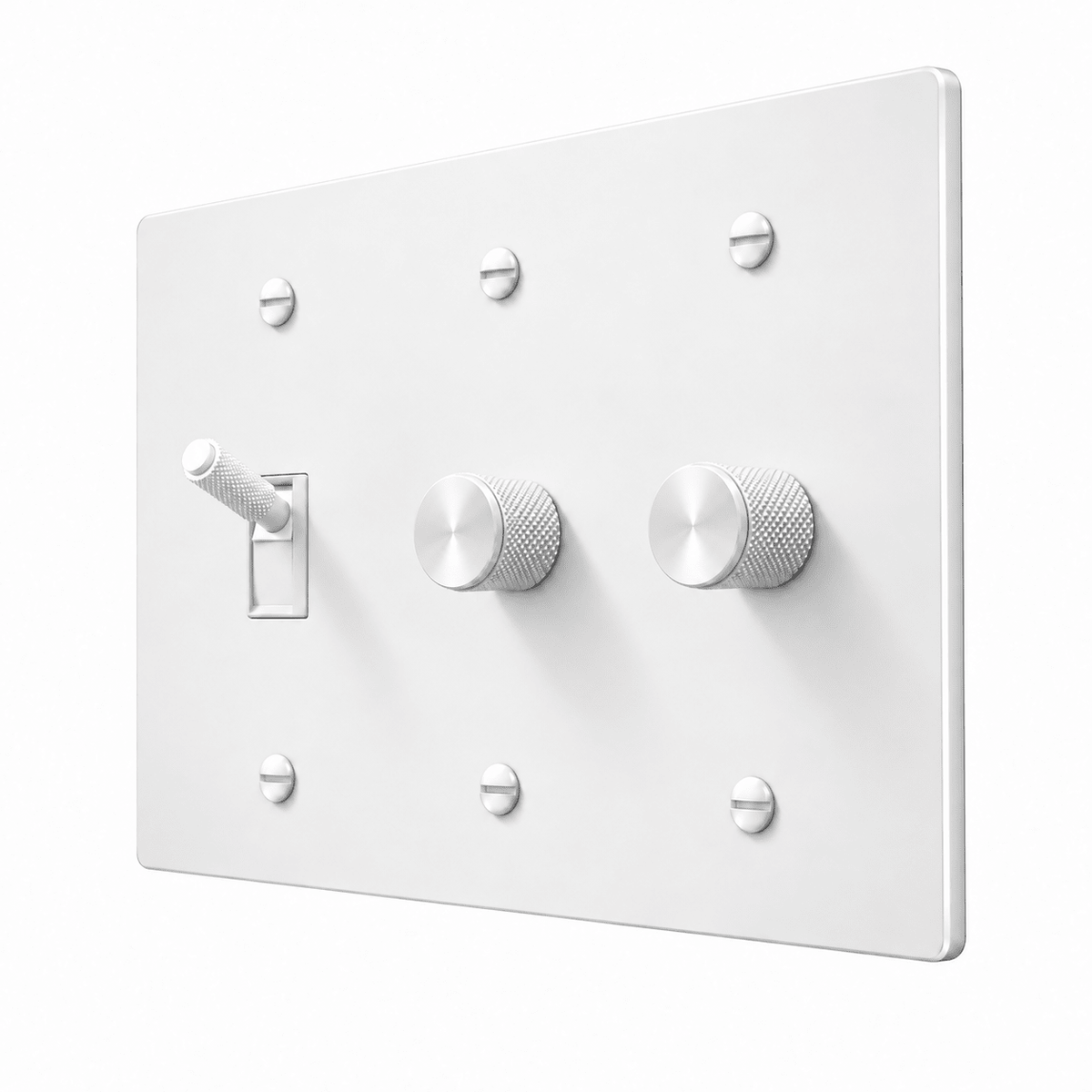 PlatePrestige 3-Gang Brass Knurled Toggle Light Switch & 2 Dimmers in All-White